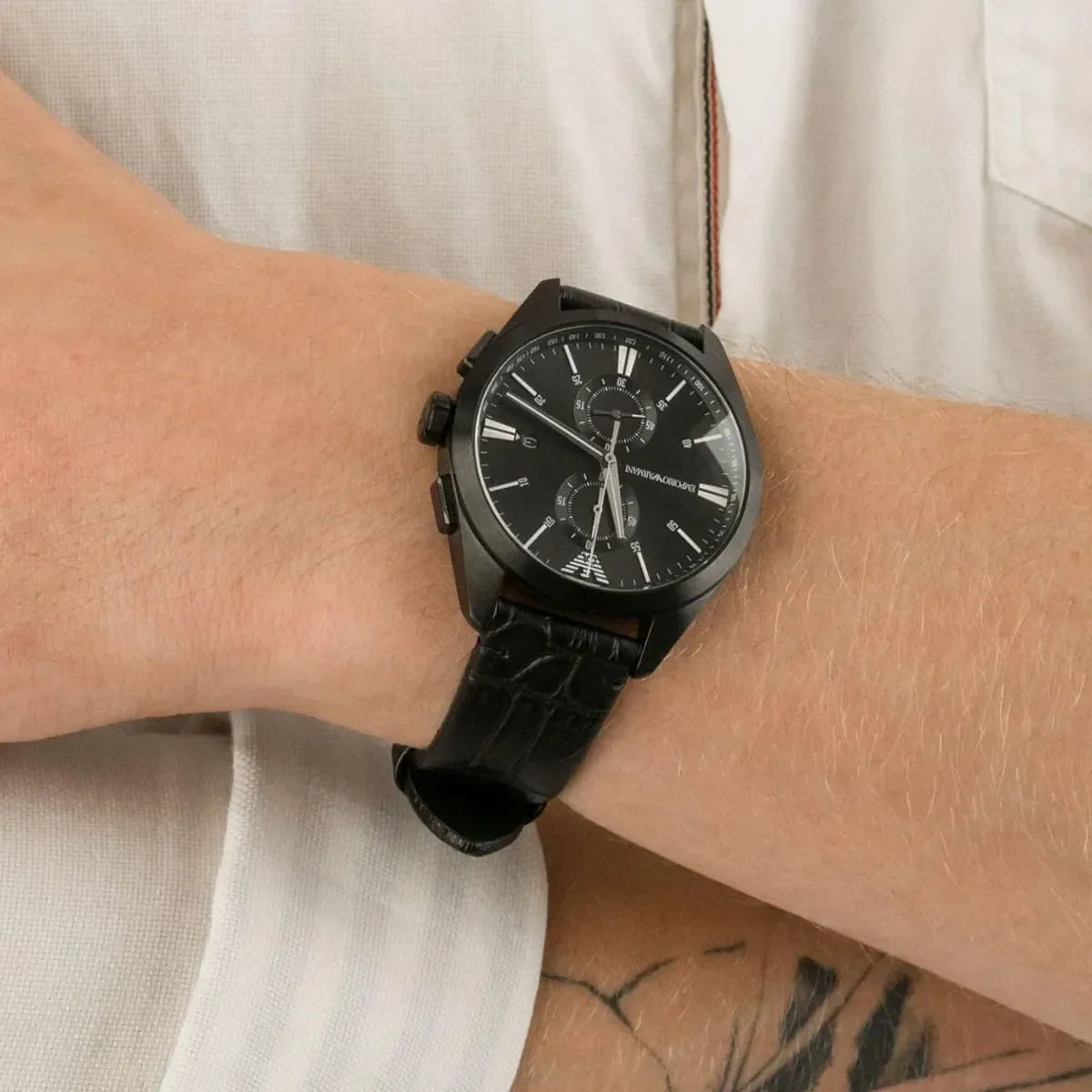  Shop Authentic Emporio Armani Claudio Chronograph Black Dial Black Leather Strap Watch For Men - AR11483 - Luxxuri