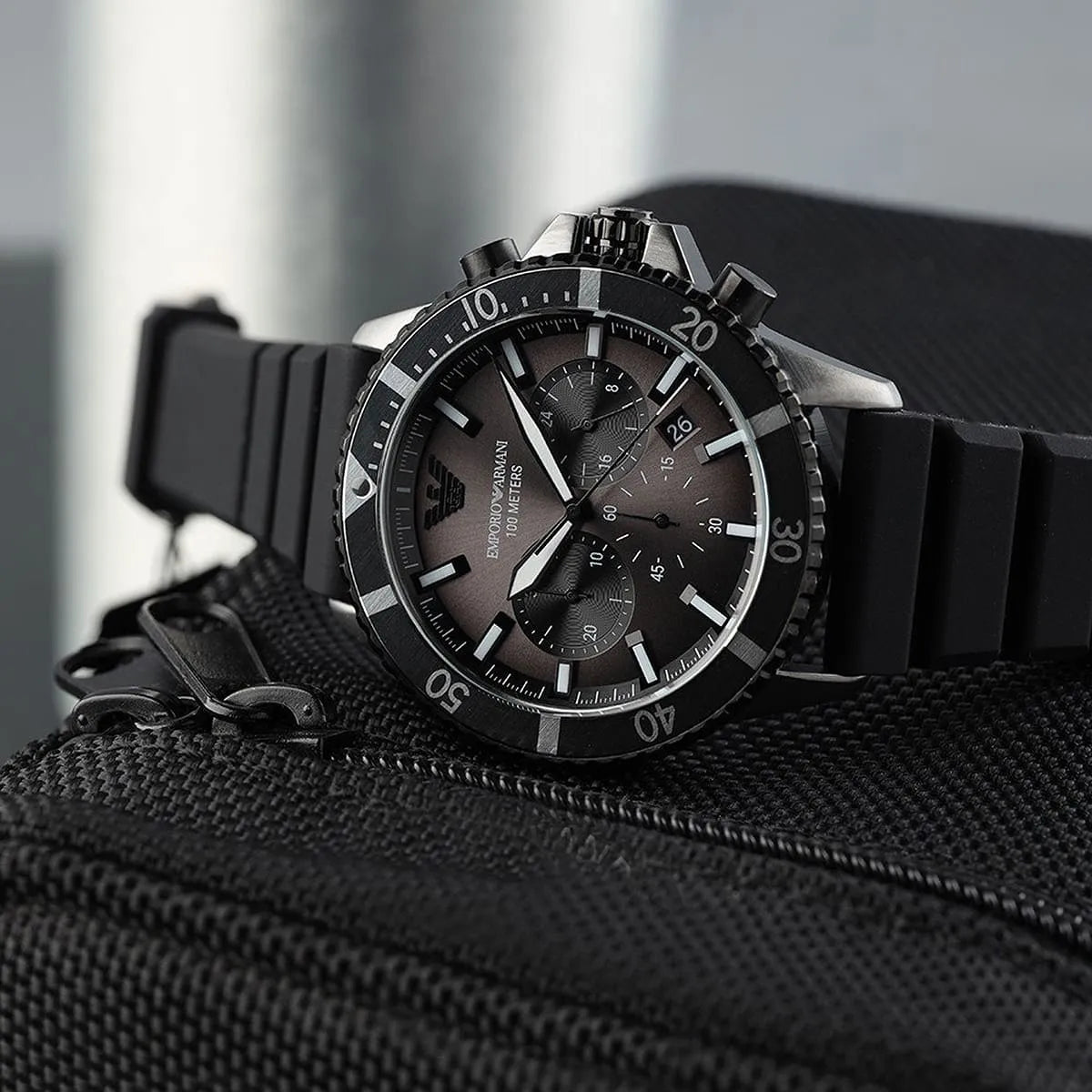  Shop Authentic Emporio Armani Diver Chronograph Black Dial Black Silicon Strap Watch For Men - AR11515 - Luxxuri