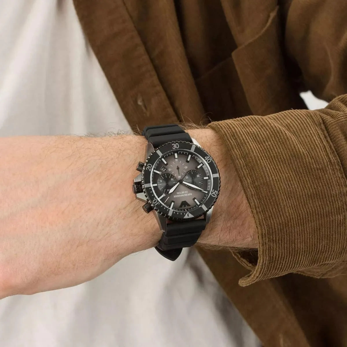  Shop Authentic Emporio Armani Diver Chronograph Black Dial Black Silicon Strap Watch For Men - AR11515 - Luxxuri