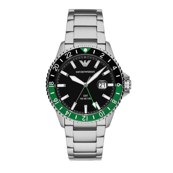  Shop Authentic Emporio Armani Sea Explorer GMT Quartz Black Dial Silver Steel Strap Watch For Men - AR11589 - Luxxuri
