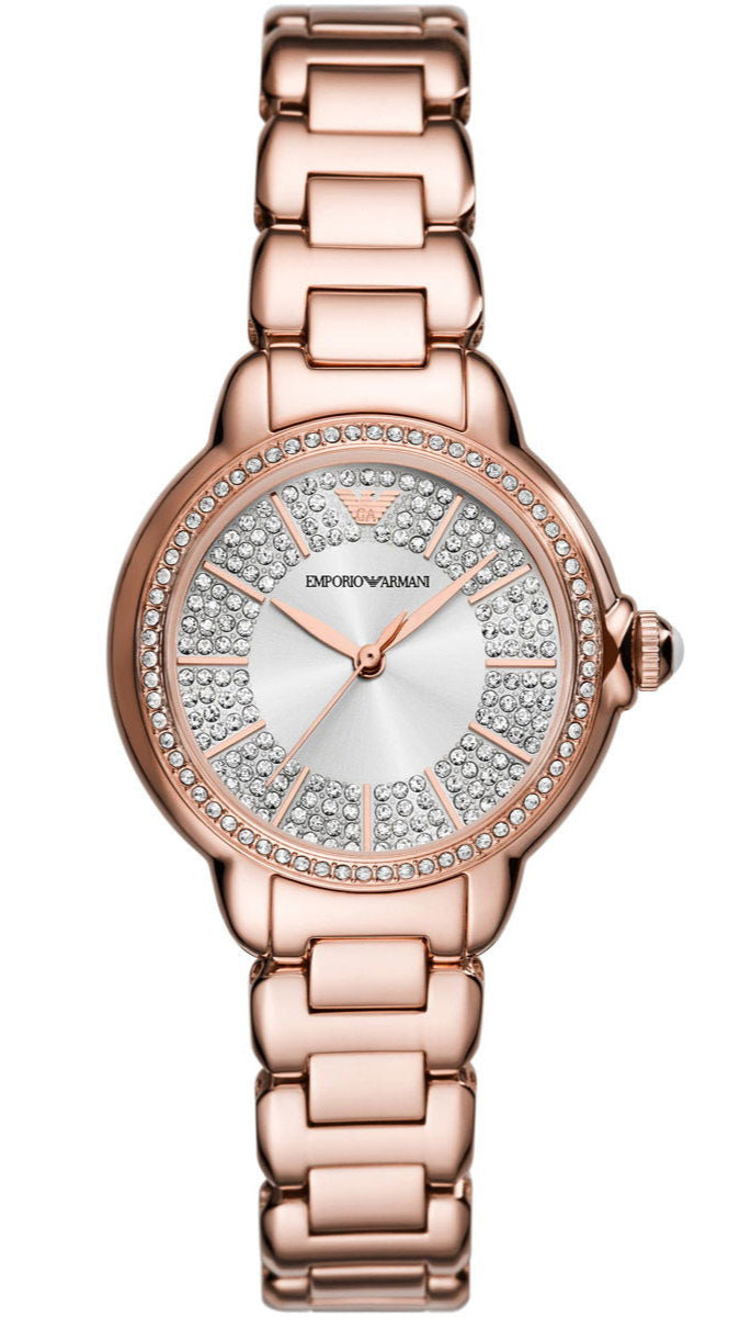 Shop Authentic Emporio Armani Mia Three Hand Crystals Silver Dial Rose Gold Steel Strap Watch For Women - AR11633 - Luxxuri
