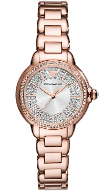  Shop Authentic Emporio Armani Mia Three Hand Crystals Silver Dial Rose Gold Steel Strap Watch For Women - AR11633 - Luxxuri