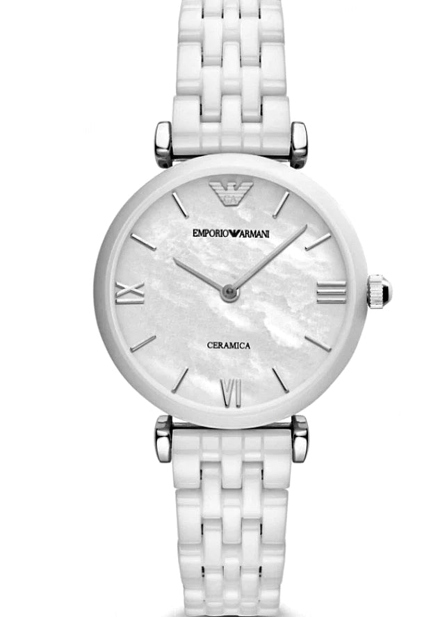  Shop Authentic Emporio Armani Giannti T Bar Quartz Mother of Pearl Dial White Steel Strap Watch For Women - AR1485 - Luxxuri