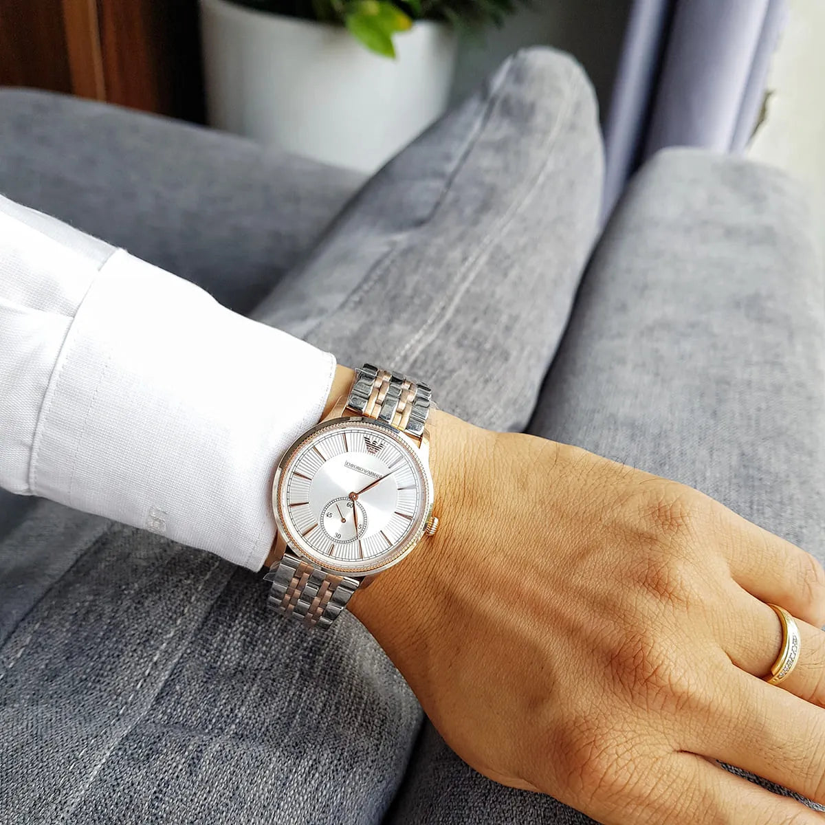 Shop Authentic Emporio Armani Classic Silver Dial Two Tone Steel Strap Watch For Men - AR1839 - Luxxuri