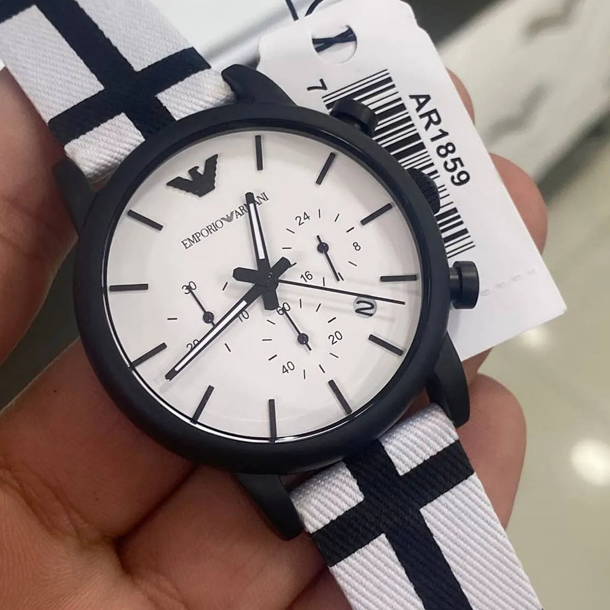 Emporio Armani Luigi Large Chronograph White Dial Two Tone Fabric Strap Watch for Men- AR1859