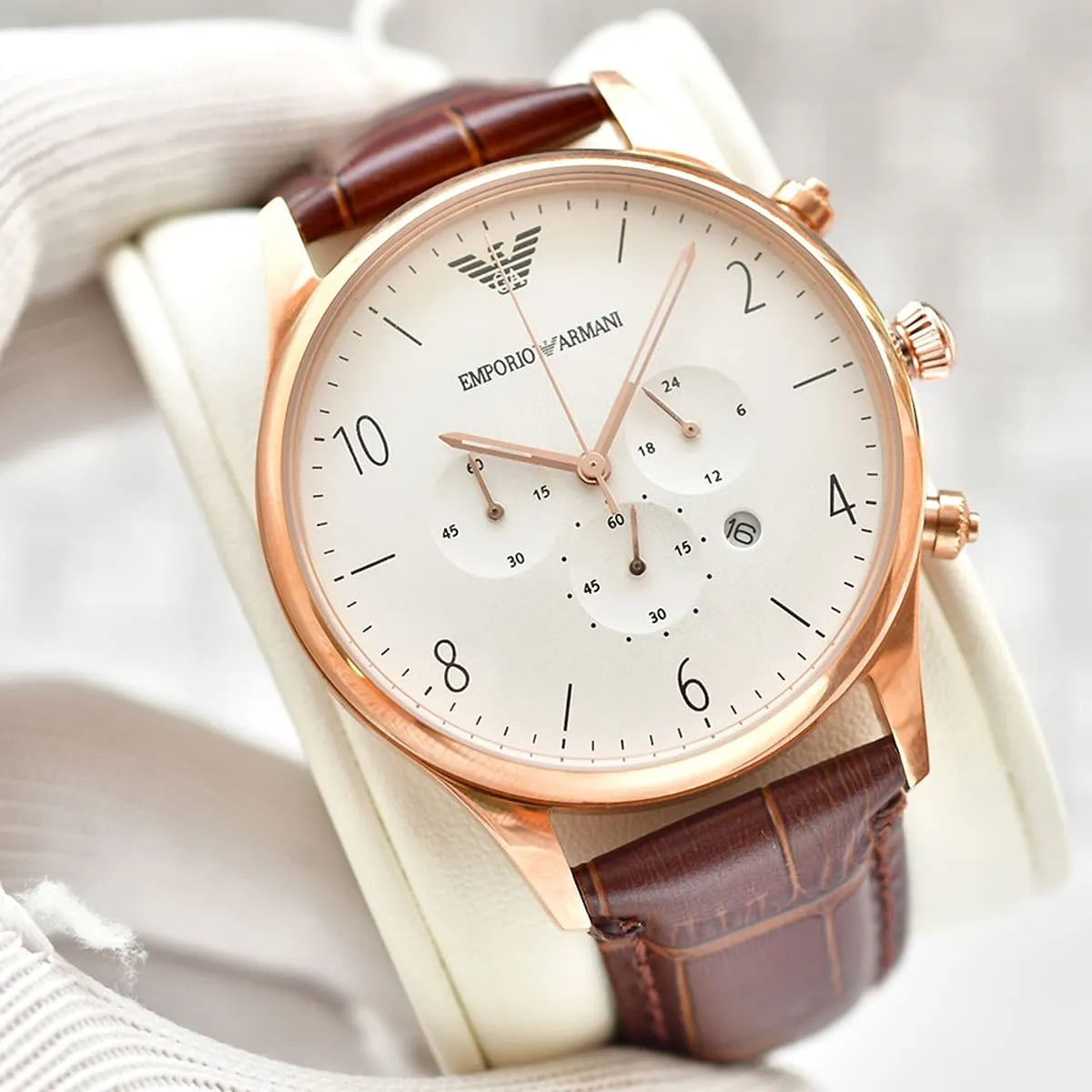  Shop Authentic Emporio Armani Beta Chronograph White Dial Brown Leather Strap Watch For Men - AR1916 - Luxxuri