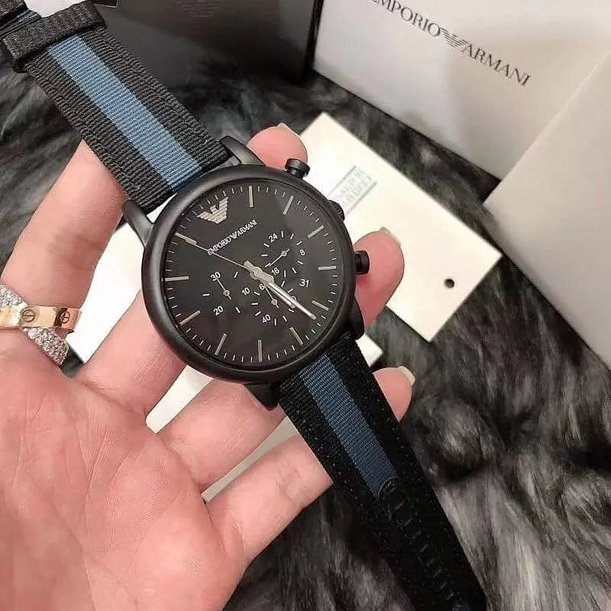  Shop Authentic Emporio Armani Luigi Chronograph Quartz Black Dial Two Tone Nylon Strap Watch For Men - AR1948 - Luxxuri
