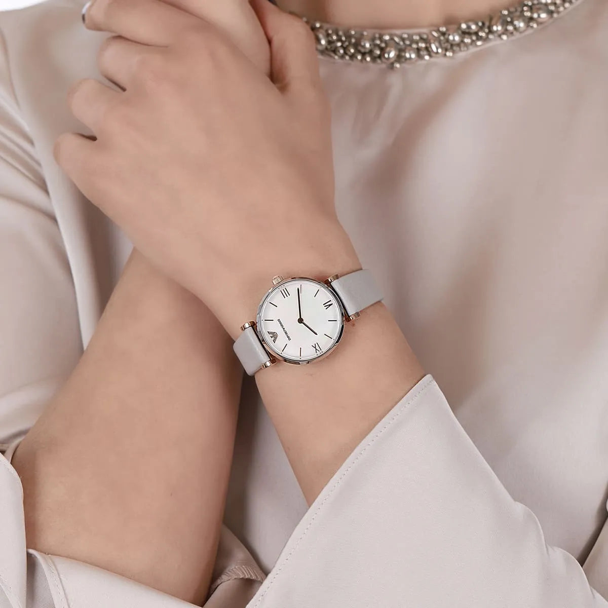  Shop Authentic Emporio Armani Gianni T Bar Quartz Mother of Pearl Dial White Leather Strap Watch For Women - AR1965 - Luxxuri