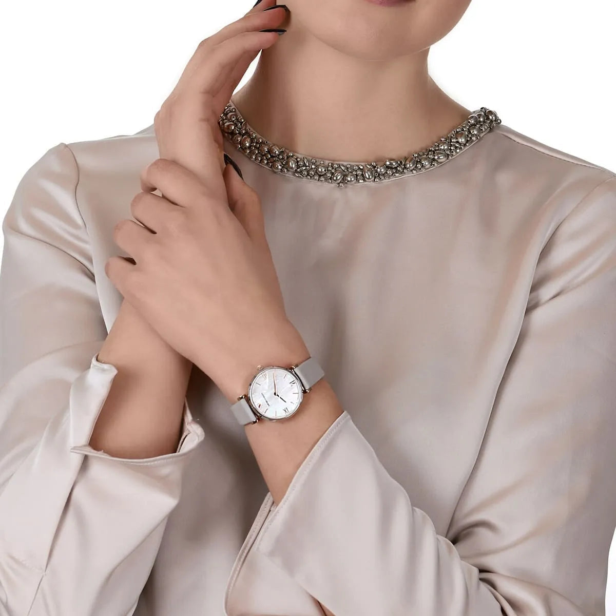  Shop Authentic Emporio Armani Gianni T Bar Quartz Mother of Pearl Dial White Leather Strap Watch For Women - AR1965 - Luxxuri