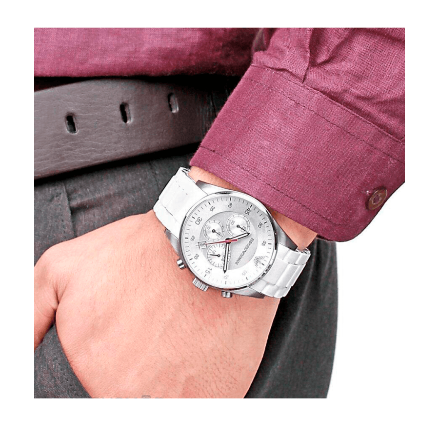  Shop Authentic Emporio Armani Sport Chronograph White Dial White Silicone Strap Watch For Men - AR5859 - Luxxuri