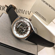  Shop Authentic Emporio Armani Zeta Skeleton Automatic Silver Dial Black Leather Strap Watch For Men - AR60018 - Luxxuri