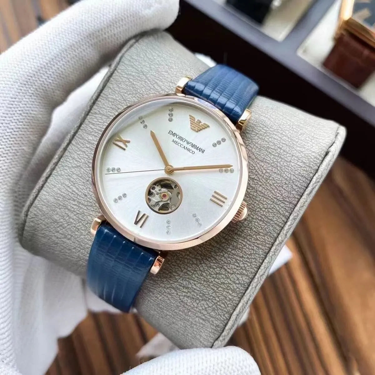  Shop Authentic Emporio Armani Gianni T-Bar Analog Silver Dial Blue Leather Strap Watch For Women - AR60020 - Luxxuri