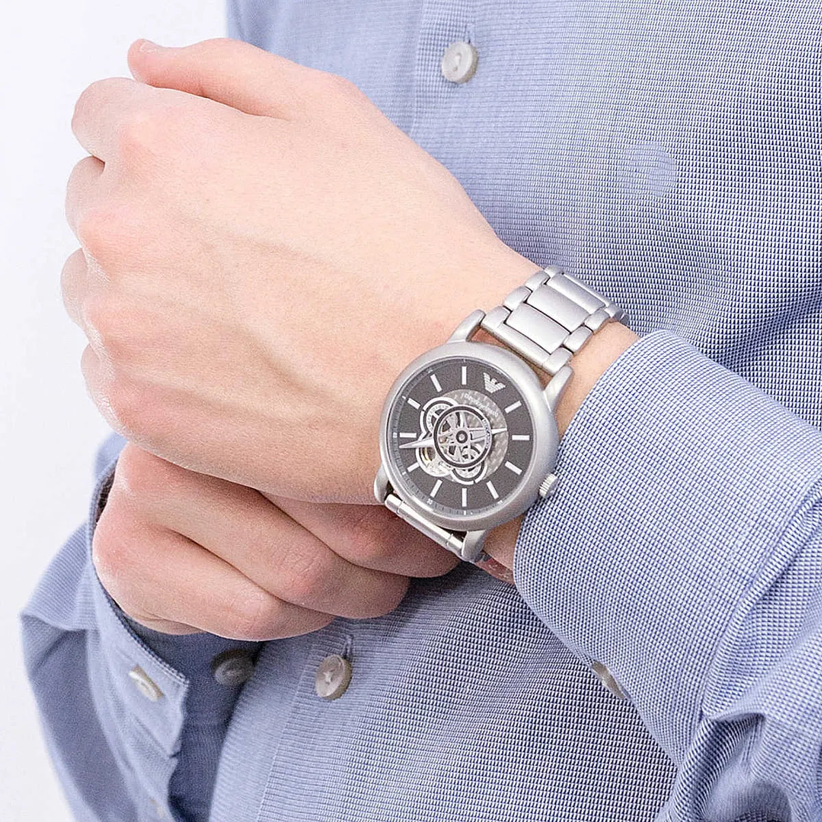  Shop Authentic Emporio Armani Meccanico Automatic Skeleton Black Dial Silver Steel Strap Watch For Men - AR60021 - Luxxuri