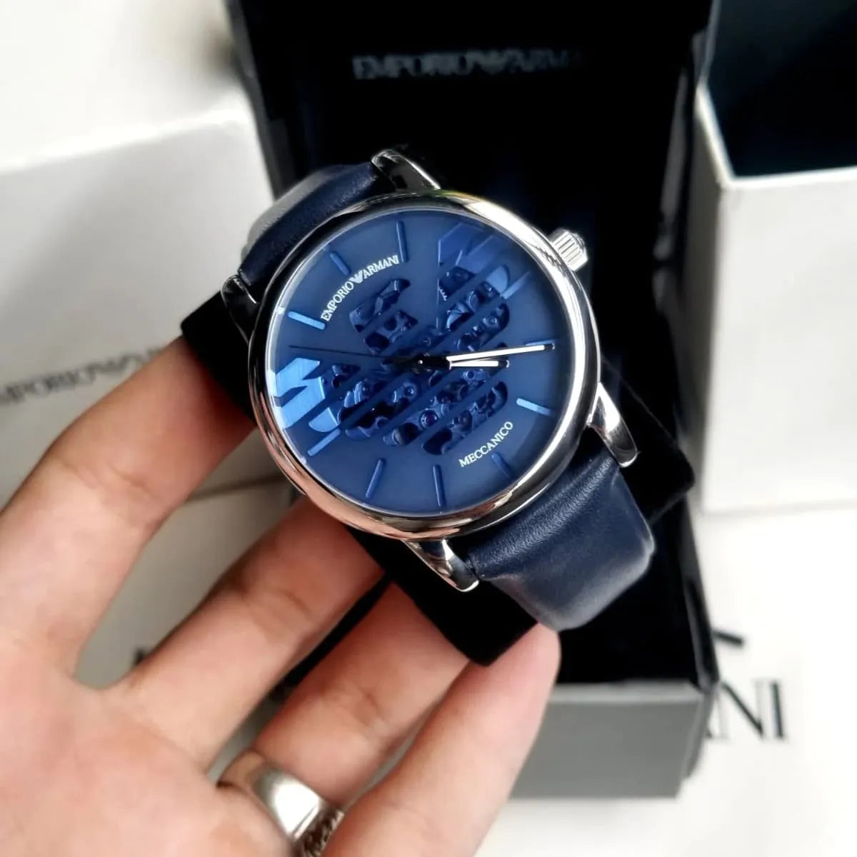  Shop Authentic Emporio Armani Luigi Automatic Blue Dial Blue Leather Strap Watch For Men - AR60030 - Luxxuri
