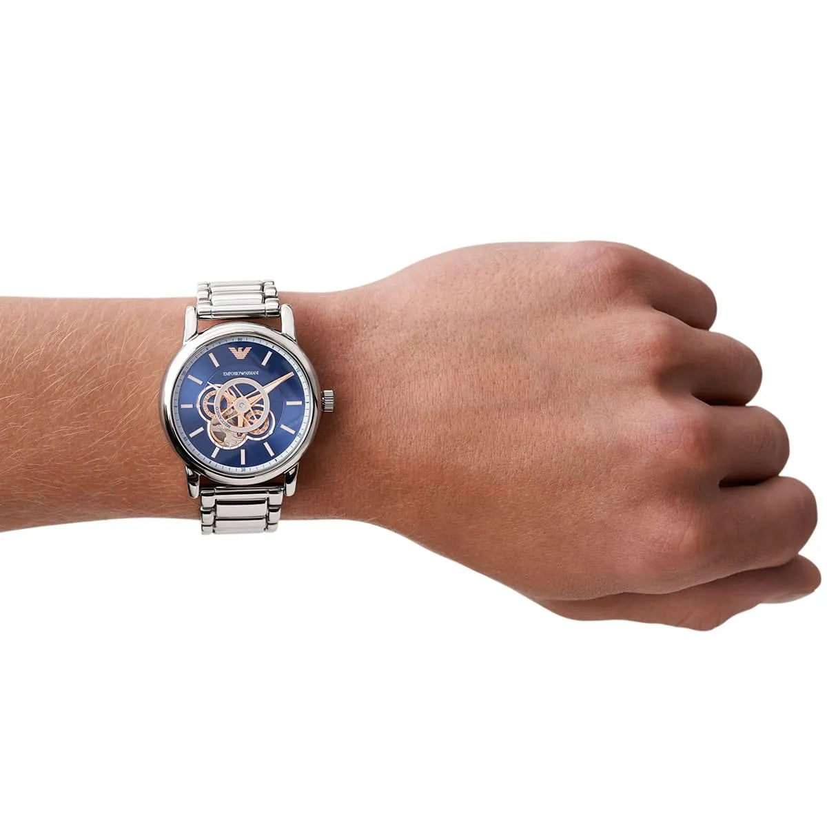  Shop Authentic Emporio Armani Luigi Chronograph Skeleton Blue Dial Silver Steel Strap Watch For Men - AR60036 - Luxxuri
