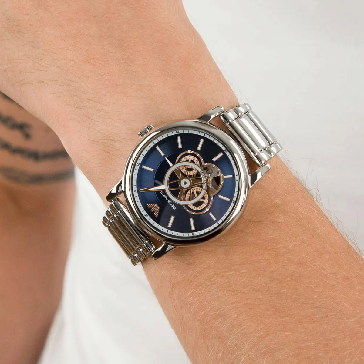  Shop Authentic Emporio Armani Luigi Chronograph Skeleton Blue Dial Silver Steel Strap Watch For Men - AR60036 - Luxxuri