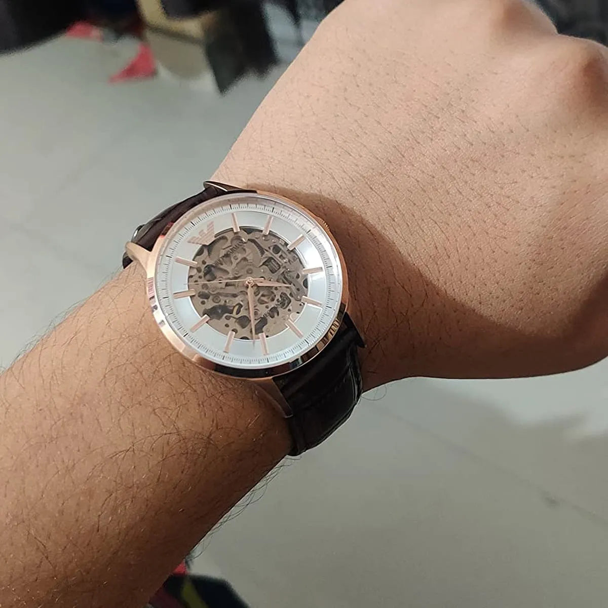  Shop Authentic Emporio Armani Meccanico Automatic Silver Dial Brown Leather Strap Watch For Men - AR60039 - Luxxuri