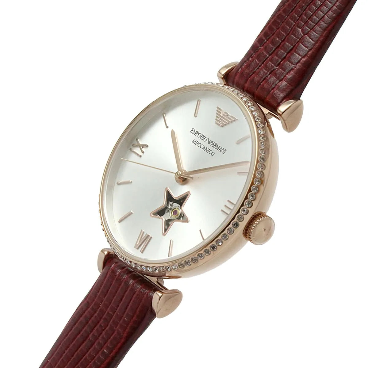  Shop Authentic Emporio Armani Meccanico Automatic Silver Dial Burgundy Leather Strap Watch For Women - AR60044 - Luxxuri