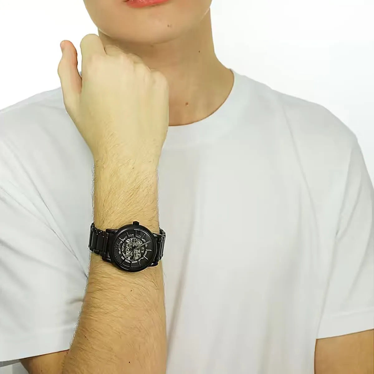  Shop Authentic Emporio Armani Meccanico Skeleton Black Dial Black Steel Strap Watch For Men - AR60045 - Luxxuri