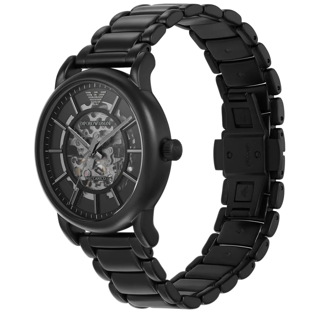  Shop Authentic Emporio Armani Meccanico Skeleton Black Dial Black Steel Strap Watch For Men - AR60045 - Luxxuri