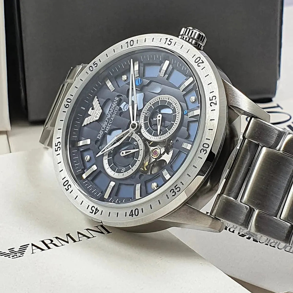 Shop Authentic Emporio Armani Mario Chronograph Automatic Blue Dial Silver Steel Strap Watch For Men - AR60052 - Luxxuri