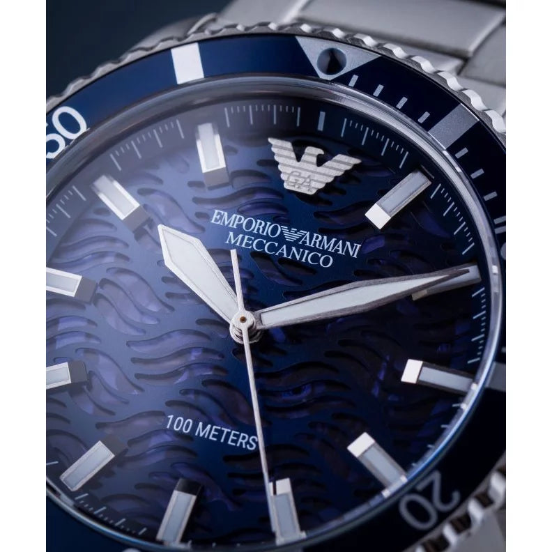  Shop Authentic Emporio Armani Meccanico Automatic Blue Dial Silver Steel Strap Watch For Men - AR60059 - Luxxuri