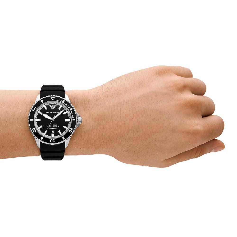 Emporio Armani Sea Explorer Automatic Black Dial Black Silicone Strap Watch For Men - AR60078