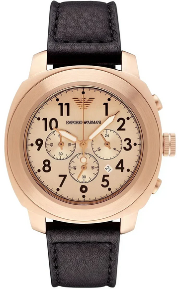 Emporio Armani Ruggero Chronograph Rose Gold Dial Black Leather Strap Watch for Men - AR6087