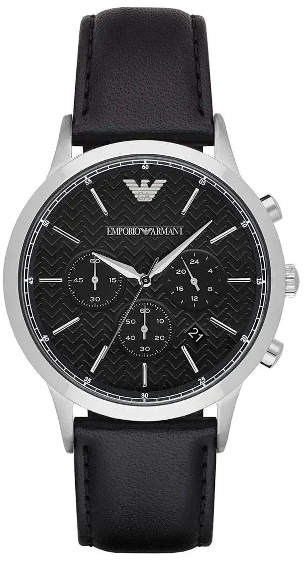 Emporio Armani Renato Chronograph Black Dial Black Leather Strap Watch for Men - AR8034