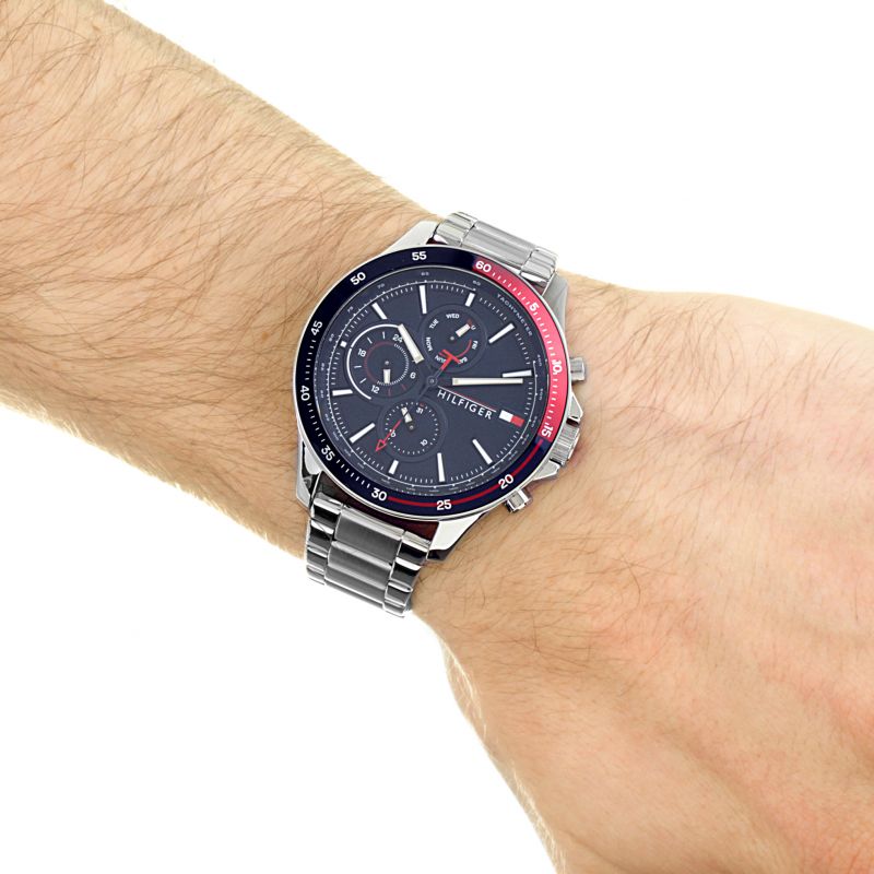  Shop Authentic Tommy Hilfiger Bank Chronograph Blue Dial Silver Steel Strap Watch for Men - 1791718 - Luxxuri