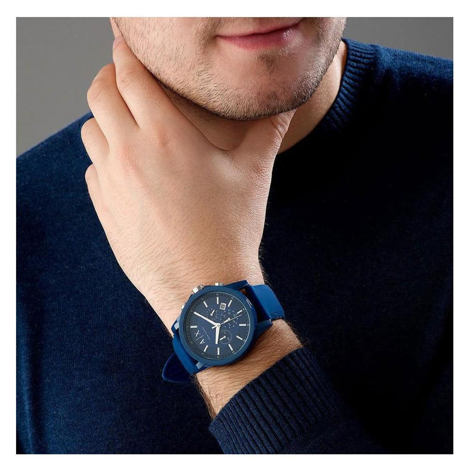  Shop Authentic Armani Exchange Outerbanks Chronograph Blue Dial Blue Silicone Strap Watch For Men - AX1327 - Luxxuri
