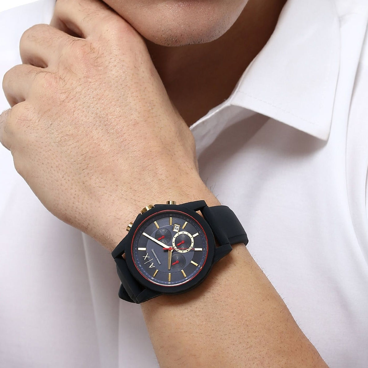  Shop Authentic Armani Exchange Outerbanks Chronograph Blue Dial Blue Silicone Strap Watch For Men - AX1335 - Luxxuri