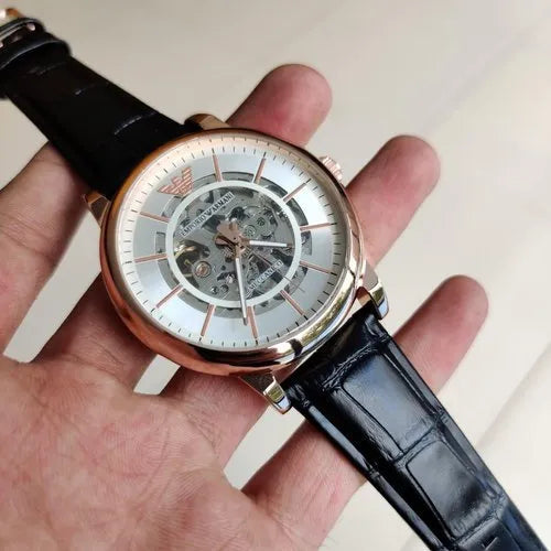  Shop Authentic Emporio Armani Luigi Skeleton Silver Dial Black Leather Strap Watch For Men - AR60007 - Luxxuri