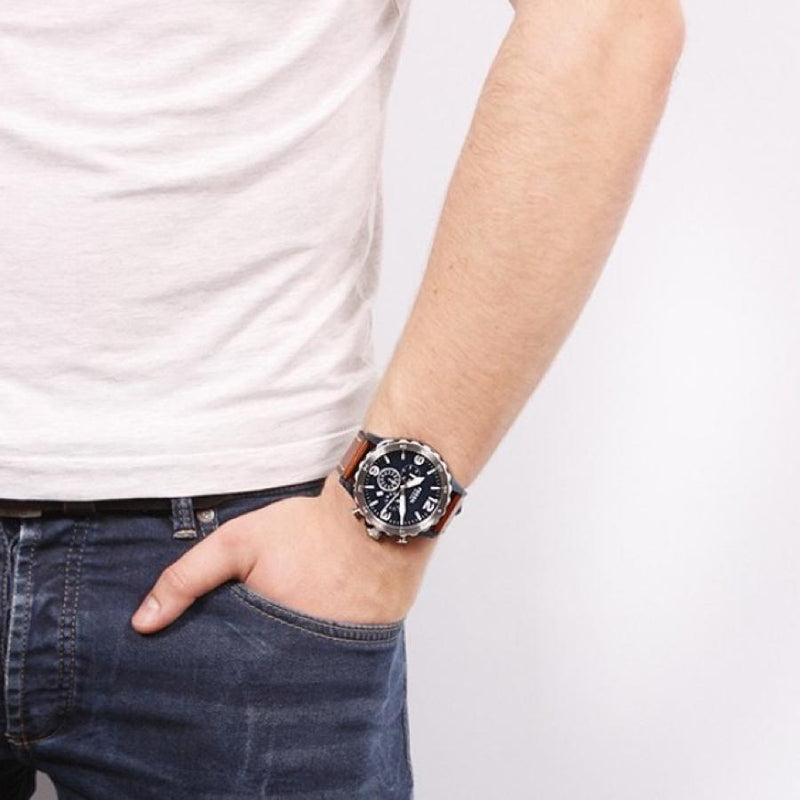  Shop Authentic Fossil Nate Chronograph Navy Blue Dial Brown Leather Strap Watch for Men - JR1504 - Luxxuri
