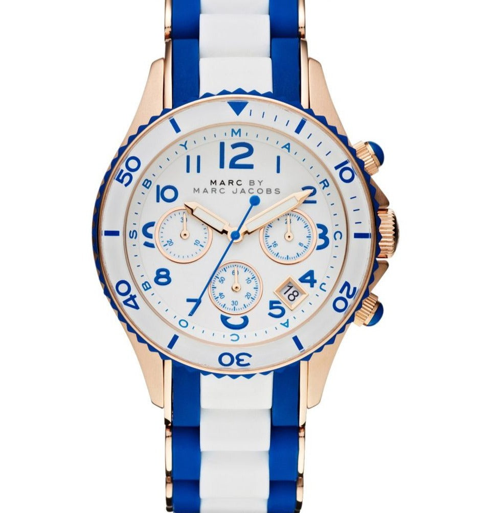  Shop Authentic Marc Jacobs Rock Chronograph White Dial Two Tone Silicone Strap Watch for Women - MBM2594 - Luxxuri