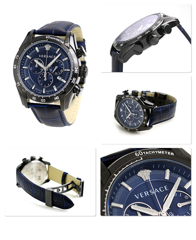  Shop Authentic Versace V-Ray Chronograph Quartz Blue Dial Black Leather Strap Watch For Men - VEDB00418 - Luxxuri