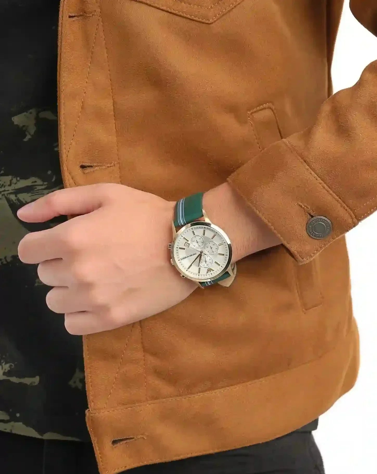  Shop Authentic Emporio Armani Renato Chronograph Silver Dial Green Leather Strap Watch For Men - AR11233 - Luxxuri