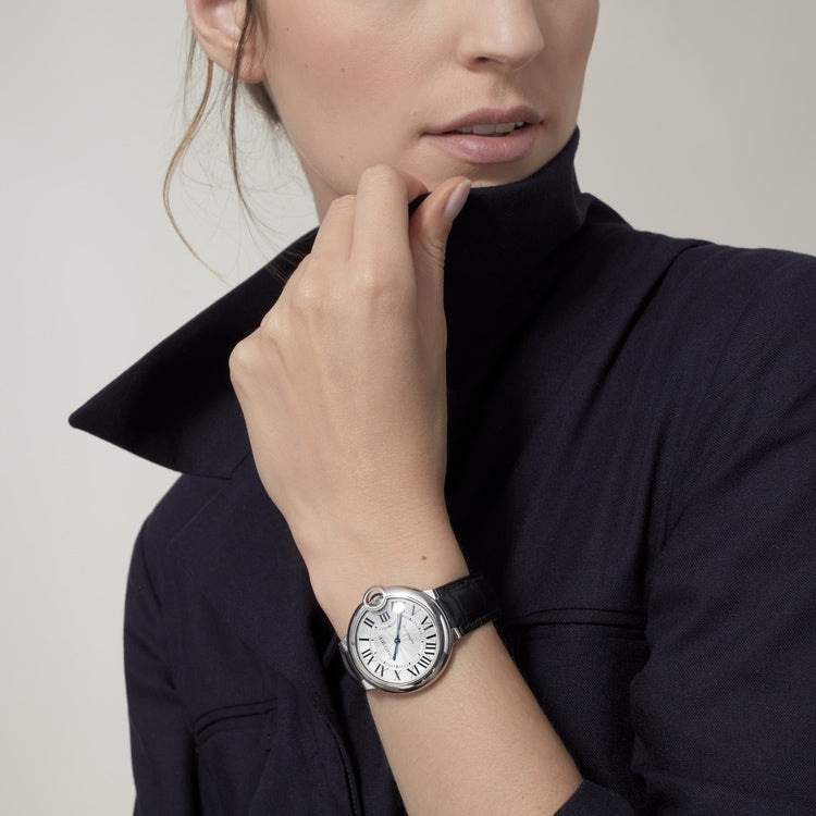 Shop Authentic Cartier Ballon Bleu De Cartier Silver Dial Black Leather Strap Watch for Women - WSBB0028 - Luxxuri