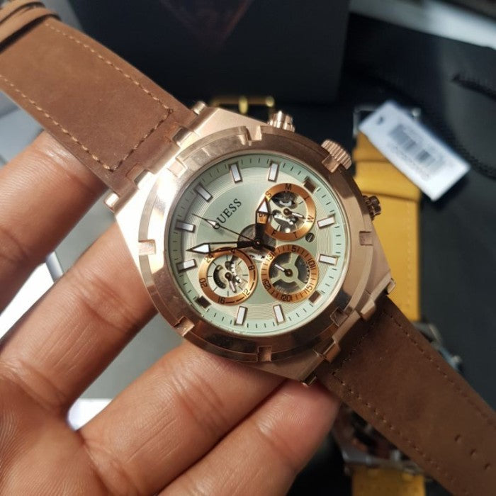  Shop Authentic Guess Analog Multifunction White Dial Brown Leather Strap Watch for Men - GW0262G3 - Luxxuri