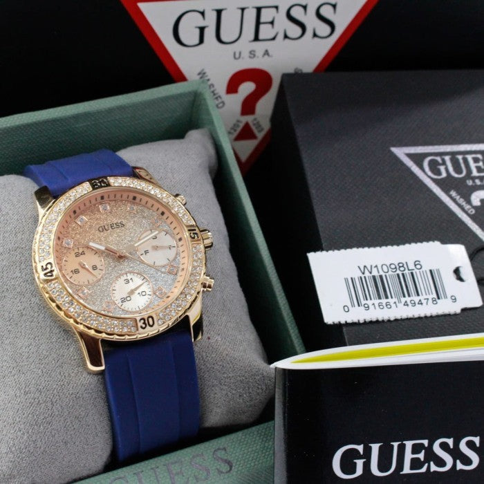  Shop Authentic Guess Confetti Diamonds Gold Dial Blue Rubber Strap Watch For Women - W1098L6 - Luxxuri