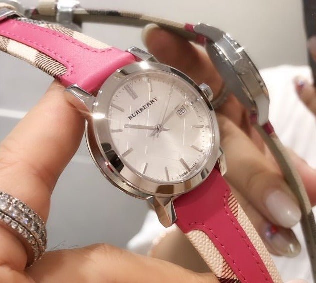  Shop Authentic Burberry The City White Dial Haymarket Pink Leather Strap Watch for Women - BU9149 - Luxxuri