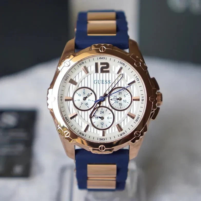  Shop Authentic Guess Interpid White & Rose Gold Dial Blue Silicone Strap Watch For Women - W0325L8 - Luxxuri