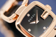  Shop Authentic Gucci G Ladies Diamonds Black Dial Rose Gold Steel Strap Watch For Women - YA125512 - Luxxuri