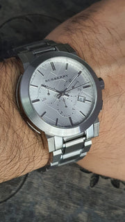  Shop Authentic Burberry The City Chronograph Silver Dial Silver Steel Strap Watch for Men - BU9350 - Luxxuri