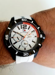  Shop Authentic Tommy Hilfiger Nolan Multi Function White Dial White Rubber Strap Watch for Men - 1791146 - Luxxuri