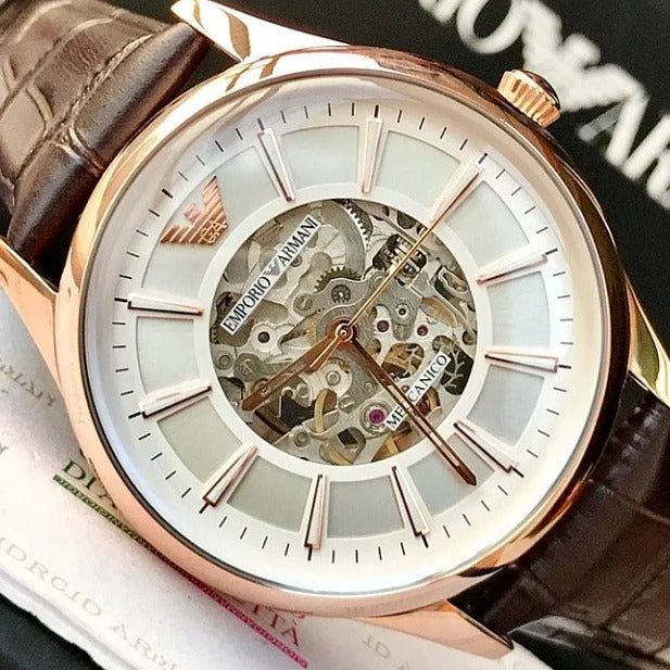  Shop Authentic Emporio Armani Epoca White Skeletal Dial Black Leather Strap Watch For Men - AR2073 - Luxxuri