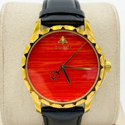  Shop Authentic Gucci G Timeless Coral Red Dial Black Leather Strap Watch For Men - YA126464 - Luxxuri