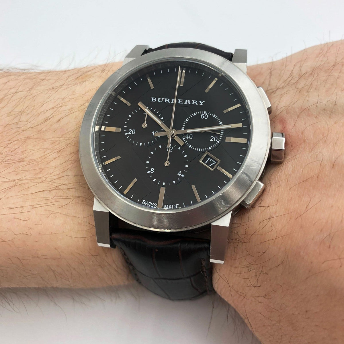  Shop Authentic Burberry The City Chronograph Black Dial Black Leather Strap Watch for Men - BU9356 - Luxxuri