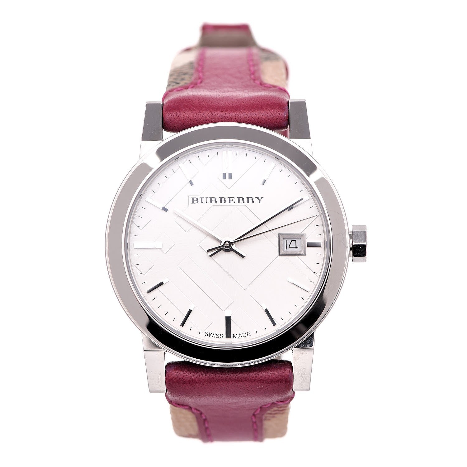  Shop Authentic Burberry The City White Dial Haymarket Pink Leather Strap Watch for Women - BU9149 - Luxxuri