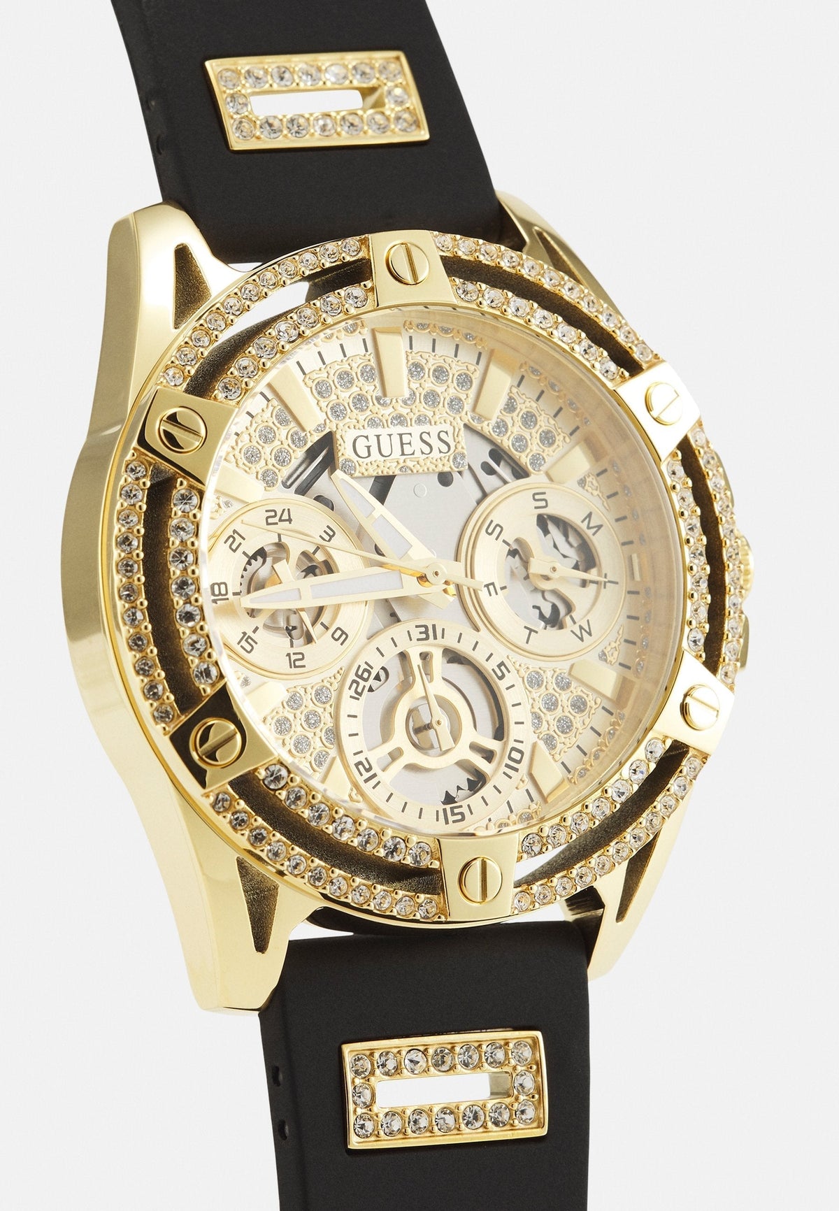  Shop Authentic Guess Queen Quartz Gold Dial Black Silicone Strap Watch For Women - GW0536L3 - Luxxuri